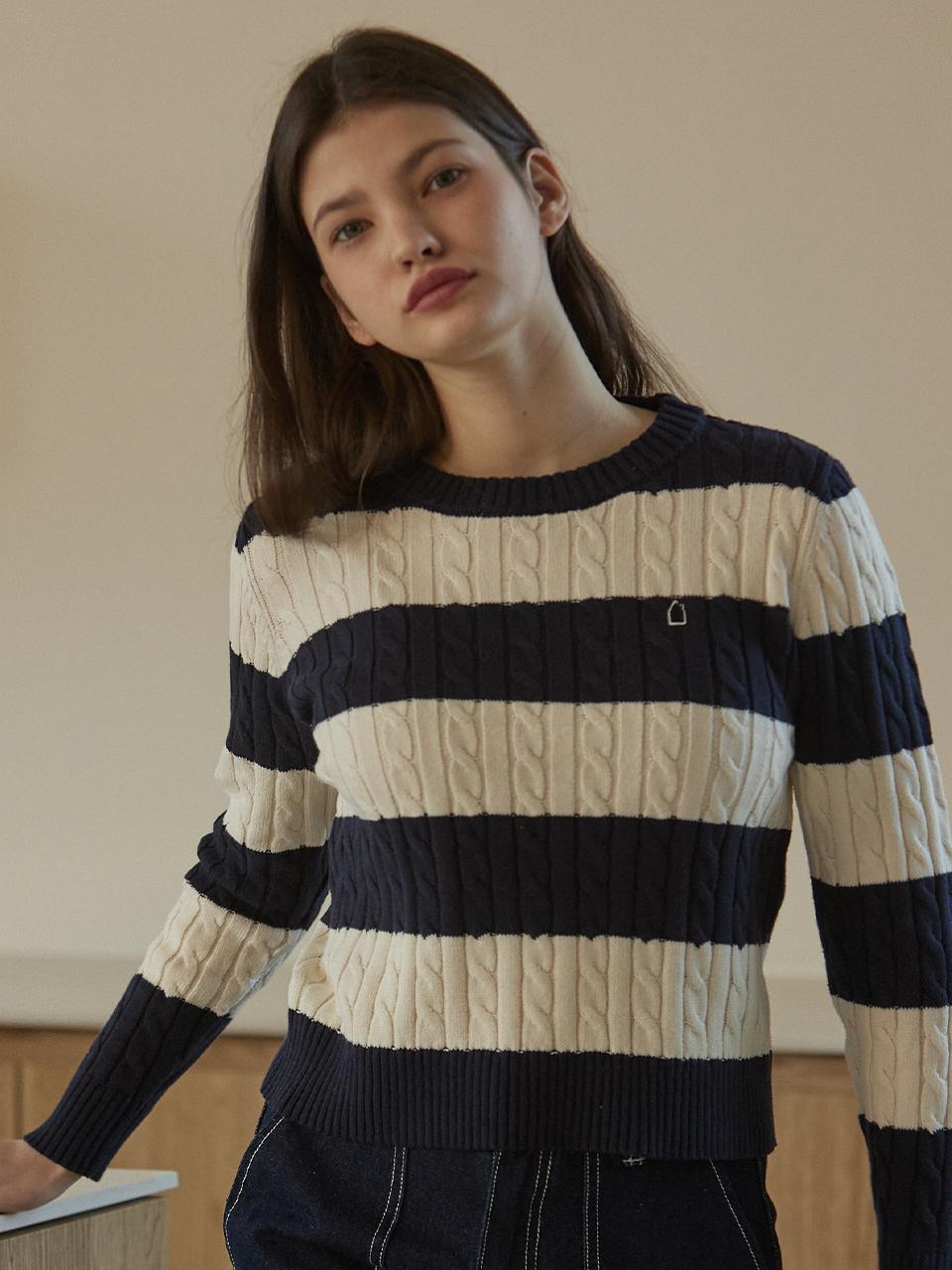 W STRIPE CABLE PULLOVER [NAVY]